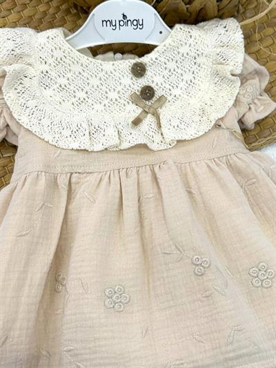 Natural Çiçek Nakışlı Yakalı Kız Bebek Müslin Elbise (6-9/9-12/12-18/18-24 Ay)