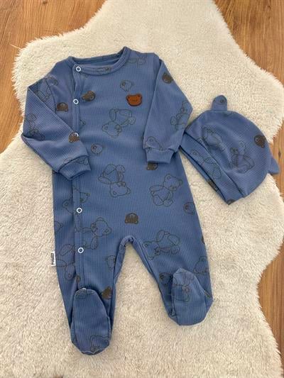 Ayıcık Baskılı Şapkalı Erkek Bebek Tulum Bere Set 0-3/3-6/6-9 Ay