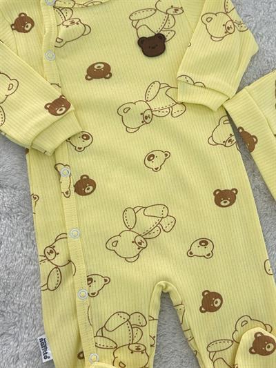 Ayıcık Baskılı Şapkalı Erkek Bebek Tulum Bere Set 0-3/3-6/6-9 Ay