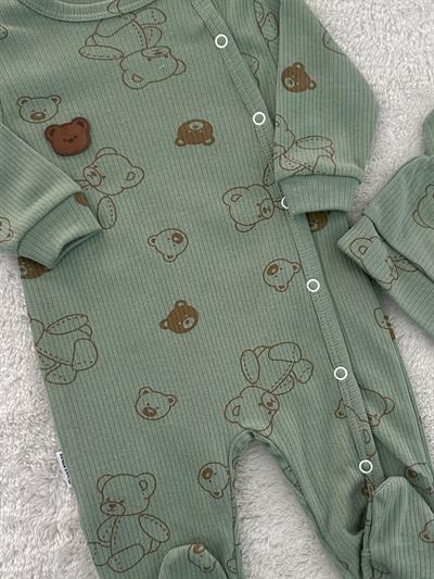 Ayıcık Baskılı Şapkalı Erkek Bebek Tulum Bere Set 0-3/3-6/6-9 Ay