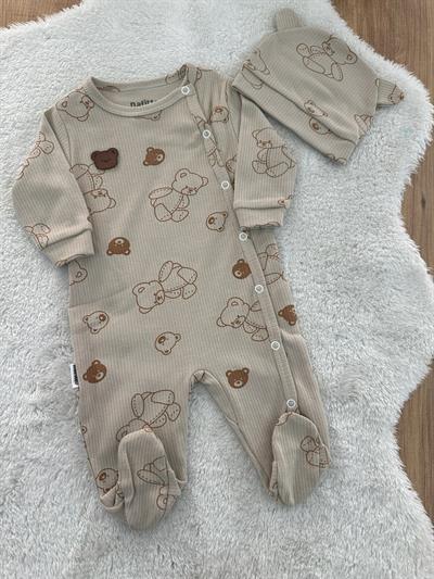 Ayıcık Baskılı Şapkalı Erkek Bebek Tulum Bere Set 0-3/3-6/6-9 Ay