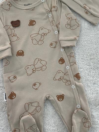 Ayıcık Baskılı Şapkalı Erkek Bebek Tulum Bere Set 0-3/3-6/6-9 Ay