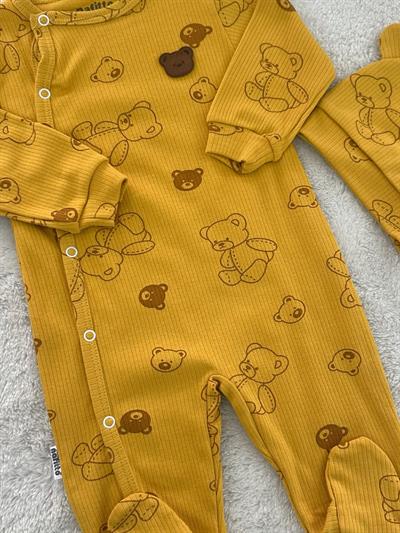 Ayıcık Baskılı Şapkalı Erkek Bebek Tulum Bere Set 0-3/3-6/6-9 Ay