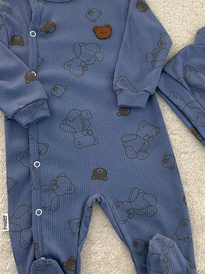 Ayıcık Baskılı Şapkalı Erkek Bebek Tulum Bere Set 0-3/3-6/6-9 Ay