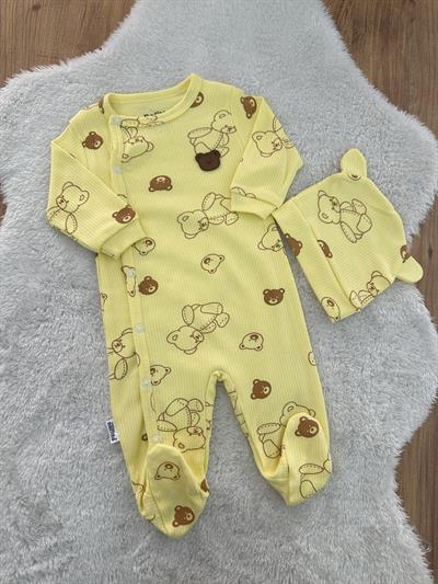 Ayıcık Baskılı Şapkalı Erkek Bebek Tulum Bere Set 0-3/3-6/6-9 Ay