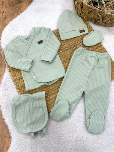 Baby Armalı Fitilli Düz Renk Yenidoğan Bebek 5li Zıbın Set