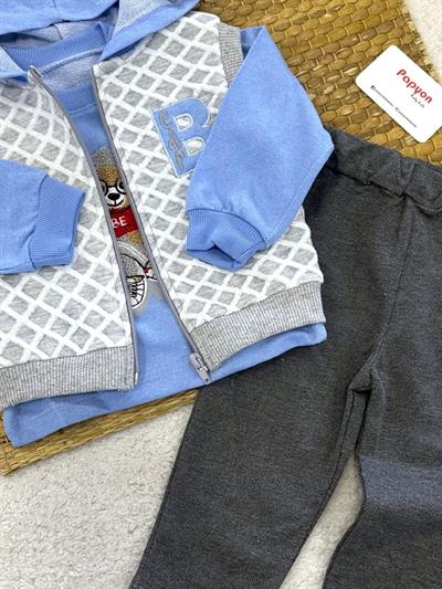 Bear Nakışlı Kapşonlu Yelekli Erkek Bebek 3lü Takım (6-9/9-12/12-18 Ay)