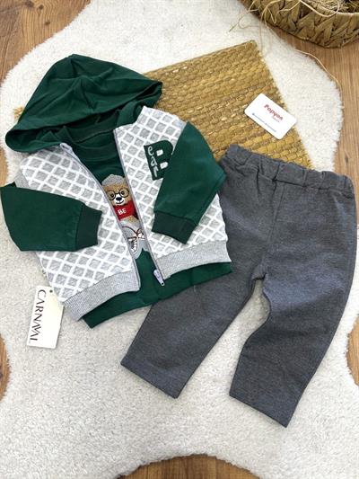 Bear Nakışlı Kapşonlu Yelekli Erkek Bebek 3lü Takım (6-9/9-12/12-18 Ay)