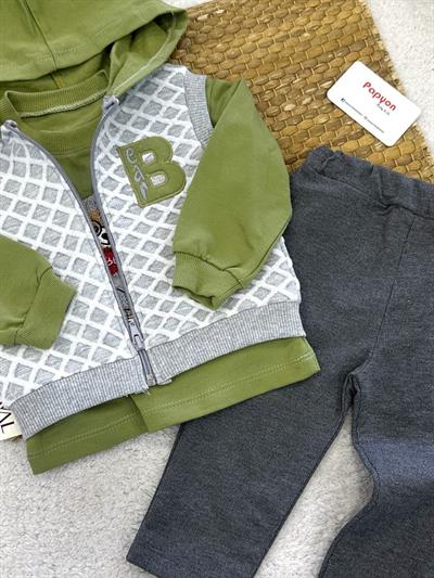 Bear Nakışlı Kapşonlu Yelekli Erkek Bebek 3lü Takım (6-9/9-12/12-18 Ay)