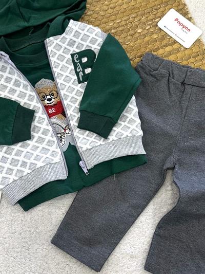 Bear Nakışlı Kapşonlu Yelekli Erkek Bebek 3lü Takım (6-9/9-12/12-18 Ay)