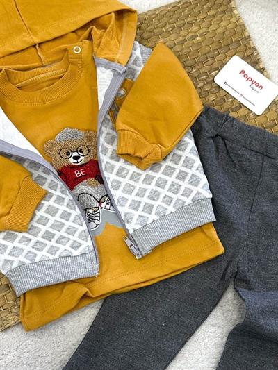 Bear Nakışlı Kapşonlu Yelekli Erkek Bebek 3lü Takım (6-9/9-12/12-18 Ay)