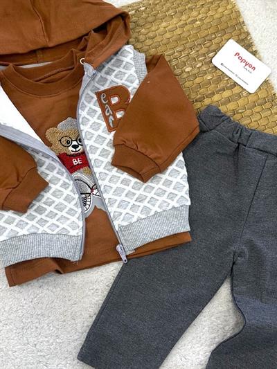 Bear Nakışlı Kapşonlu Yelekli Erkek Bebek 3lü Takım (6-9/9-12/12-18 Ay)