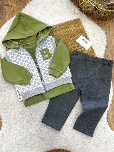 Bear Nakışlı Kapşonlu Yelekli Erkek Bebek 3lü Takım (6-9/9-12/12-18 Ay)