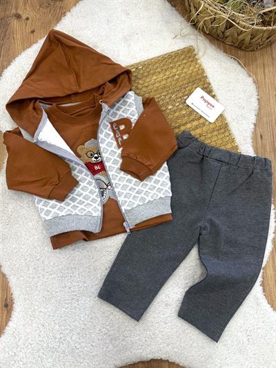 Bear Nakışlı Kapşonlu Yelekli Erkek Bebek 3lü Takım (6-9/9-12/12-18 Ay)