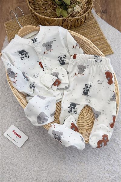 Panda Baskılı Yenidoğan Bebek 5li Zıbın Set