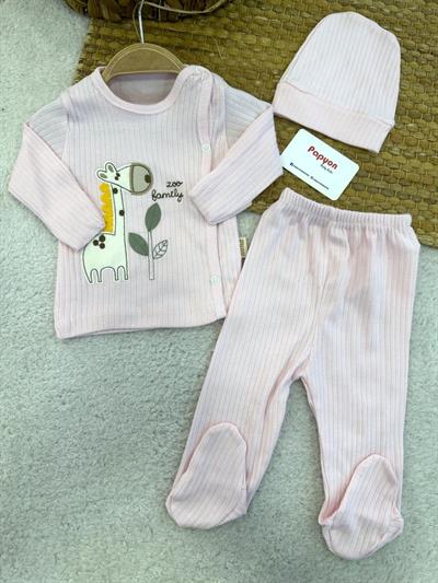 Zürafa Nakışlı Fitilli Yenidoğan Bebek 3lü Zıbın Set