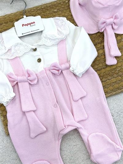 Fiyonklu Askılı Güpürlü Kız Bebek Şapkalı Tulum 0-3/3-6/6-9/9-12 Ay