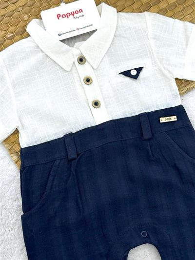 Mendilli Cepli Yarım Patlı Düğmeli Erkek Bebek Müslin Şort Tulum (3-6/6-9/9-12/12-18 Ay)