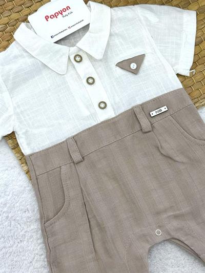 Mendilli Cepli Yarım Patlı Düğmeli Erkek Bebek Müslin Şort Tulum (3-6/6-9/9-12/12-18 Ay)