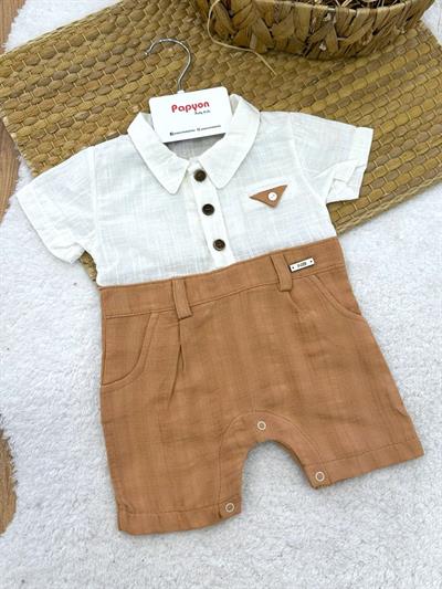 Mendilli Cepli Yarım Patlı Düğmeli Erkek Bebek Müslin Şort Tulum (3-6/6-9/9-12/12-18 Ay)