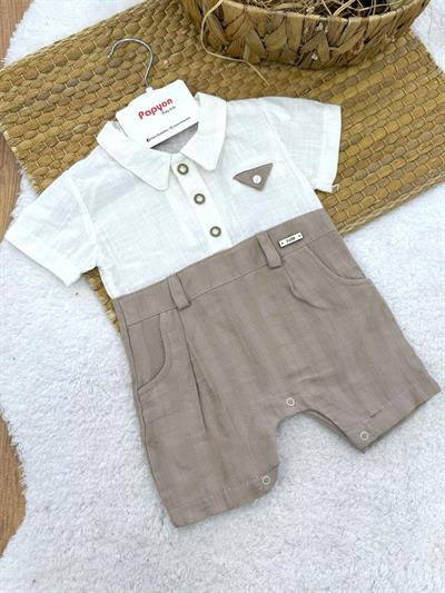 Mendilli Cepli Yarım Patlı Düğmeli Erkek Bebek Müslin Şort Tulum (3-6/6-9/9-12/12-18 Ay)