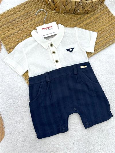 Mendilli Cepli Yarım Patlı Düğmeli Erkek Bebek Müslin Şort Tulum (3-6/6-9/9-12/12-18 Ay)