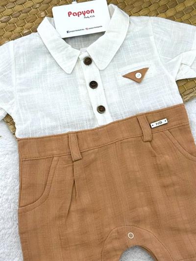 Mendilli Cepli Yarım Patlı Düğmeli Erkek Bebek Müslin Şort Tulum (3-6/6-9/9-12/12-18 Ay)