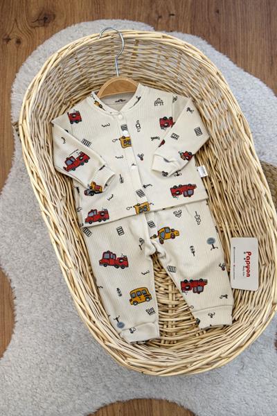 Araba Baskılı Fitilli Önden Çıtçıtlı Erkek Bebek Pijama Takımı (0-3/3-6/6-9 Ay)