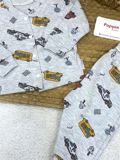 Araba Baskılı Fitilli Önden Çıtçıtlı Erkek Bebek Pijama Takımı (0-3/3-6/6-9 Ay)