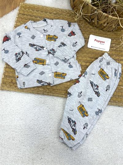 Araba Baskılı Fitilli Önden Çıtçıtlı Erkek Bebek Pijama Takımı (0-3/3-6/6-9 Ay)