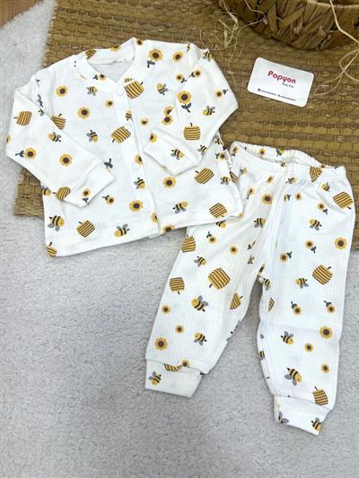 Arı Desenli Fitilli Önden Çıtçıtlı Uniseks Bebek Pijama Takımı (0-3/3-6/6-9 Ay)