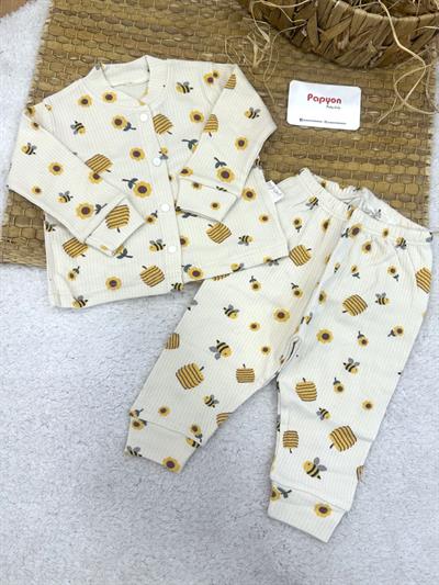 Arı Desenli Fitilli Önden Çıtçıtlı Uniseks Bebek Pijama Takımı (0-3/3-6/6-9 Ay)