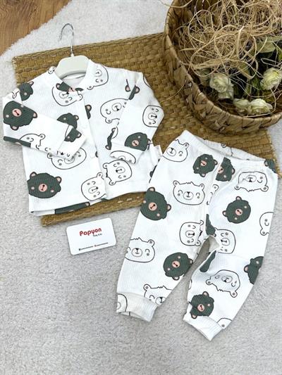 Ayıcık Kafa Desenli Raporlu Önden Çıtçıtlı Erkek Bebek Pijama Takımı (0-3/3-6/6-9 Ay)