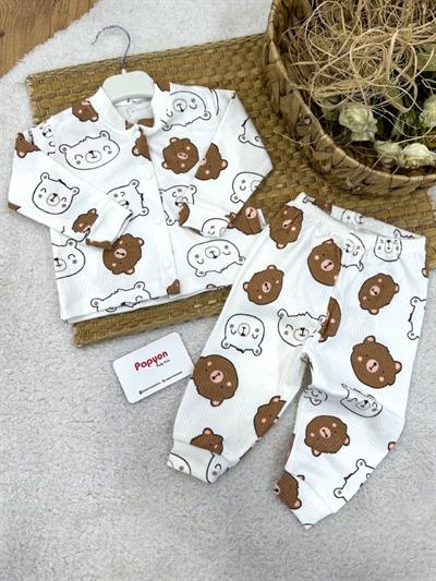 Ayıcık Kafa Desenli Raporlu Önden Çıtçıtlı Erkek Bebek Pijama Takımı (0-3/3-6/6-9 Ay)