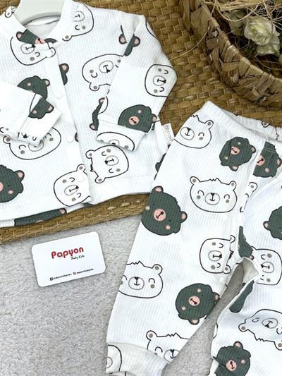 Ayıcık Kafa Desenli Raporlu Önden Çıtçıtlı Erkek Bebek Pijama Takımı (0-3/3-6/6-9 Ay)