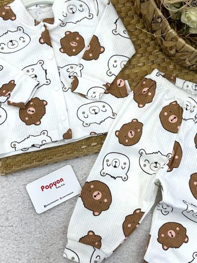 Ayıcık Kafa Desenli Raporlu Önden Çıtçıtlı Erkek Bebek Pijama Takımı (0-3/3-6/6-9 Ay)