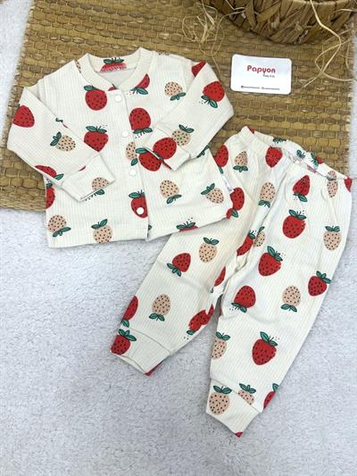 Çilek Desenli Raporlu Önden Çıtçıtlı Kız Bebek Pijama Takımı (0-3/3-6/6-9 Ay)
