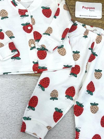 Çilek Desenli Raporlu Önden Çıtçıtlı Kız Bebek Pijama Takımı (0-3/3-6/6-9 Ay)