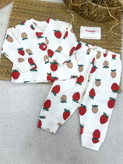 Çilek Desenli Raporlu Önden Çıtçıtlı Kız Bebek Pijama Takımı (0-3/3-6/6-9 Ay)