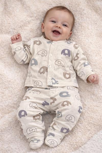 Fil Desenli Raporlu Önden Çıtçıtlı Bebek Pijama Takımı (0-3/3-6/6-9 Ay)