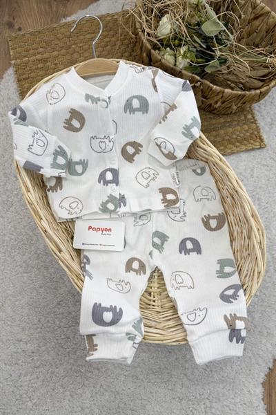 Fil Desenli Raporlu Önden Çıtçıtlı Bebek Pijama Takımı (0-3/3-6/6-9 Ay)