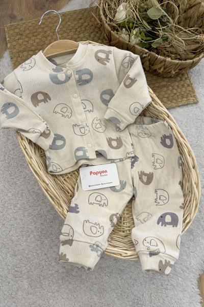 Fil Desenli Raporlu Önden Çıtçıtlı Bebek Pijama Takımı (0-3/3-6/6-9 Ay)