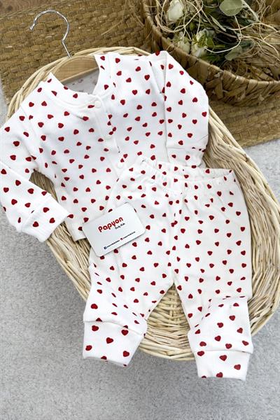 Kalp Desenli Raporlu Önden Çıtçıtlı Kız Bebek Pijama Takımı (0-3/3-6/6-9 Ay)