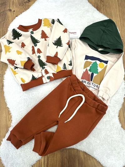 Alıç Ağaç Baskılı Erkek Bebek 3ip Şardonlu Kolej Ceketli 3lü Takım (9-12/12-18/18-24 Ay)