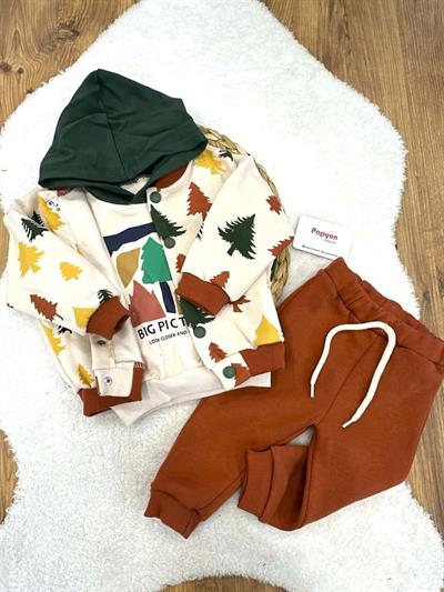 Alıç Ağaç Baskılı Erkek Bebek 3ip Şardonlu Kolej Ceketli 3lü Takım (9-12/12-18/18-24 Ay)