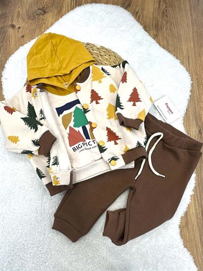 Alıç Ağaç Baskılı Erkek Bebek 3ip Şardonlu Kolej Ceketli 3lü Takım (9-12/12-18/18-24 Ay)