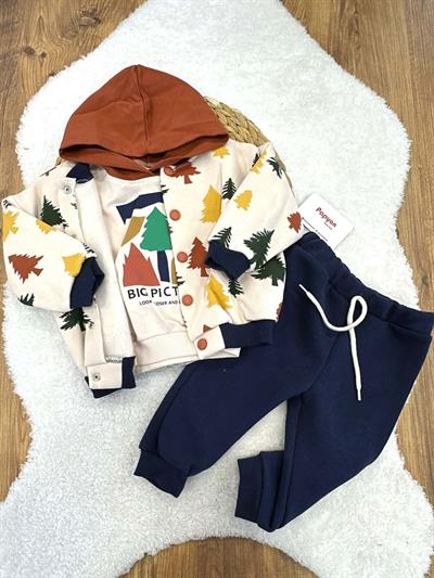 Alıç Ağaç Baskılı Erkek Bebek 3ip Şardonlu Kolej Ceketli 3lü Takım (9-12/12-18/18-24 Ay)