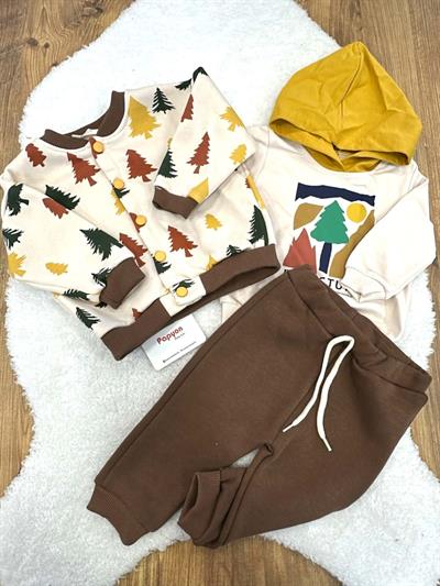 Alıç Ağaç Baskılı Erkek Bebek 3ip Şardonlu Kolej Ceketli 3lü Takım (9-12/12-18/18-24 Ay)