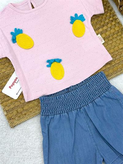 Ananas Aplikeli Jakarlı Badili Kot Şortlu Kız Bebek Takım (6-9/9-12/12-18/18-24 Ay)