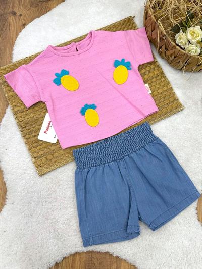 Ananas Aplikeli Jakarlı Badili Kot Şortlu Kız Bebek Takım (6-9/9-12/12-18/18-24 Ay)